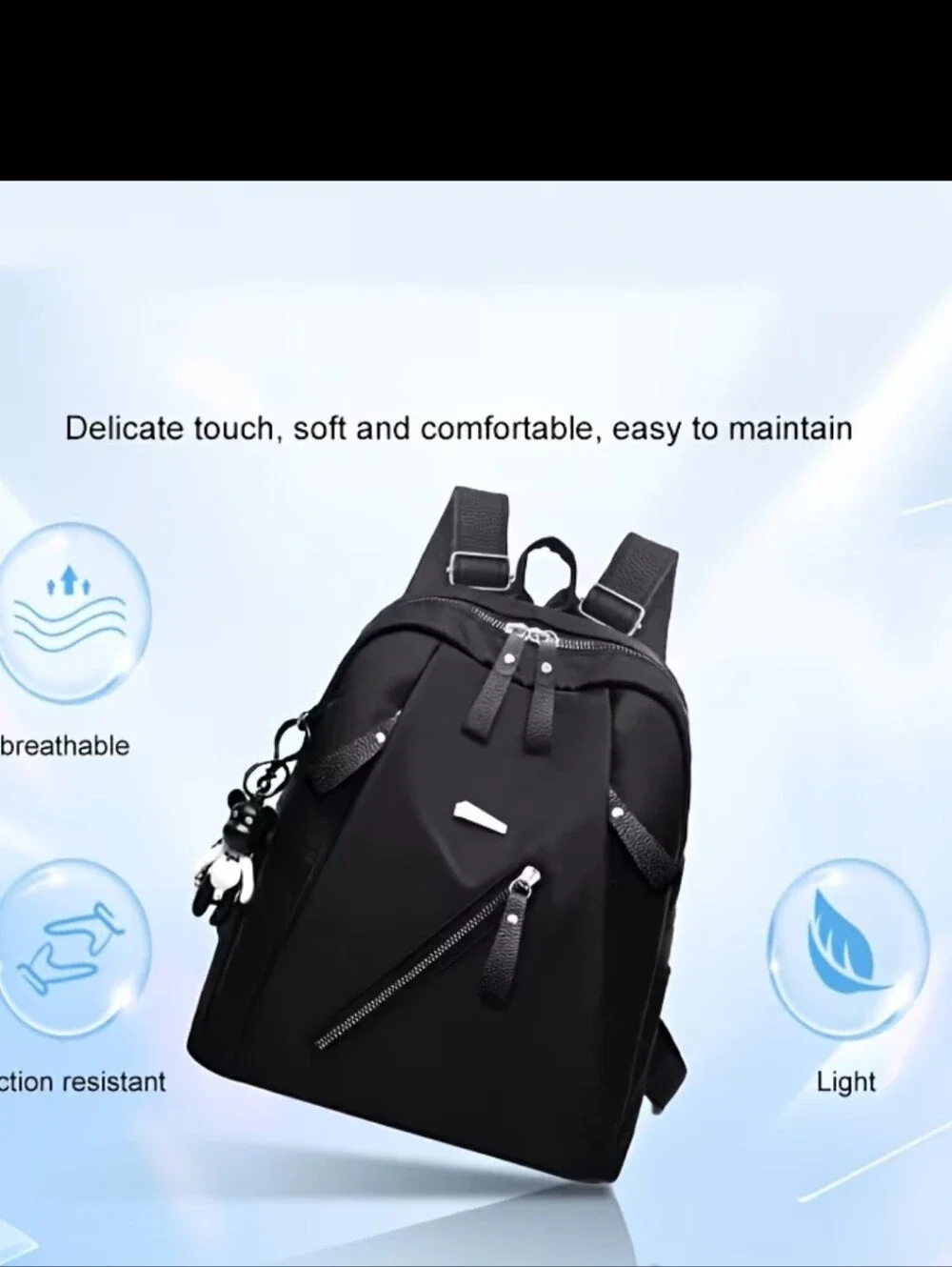 Black Casual Backpack with Front Zip Pocket